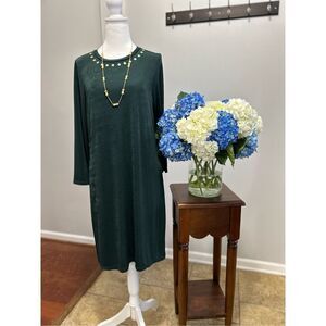 Michael Kors Dark Green Gold Studded Crew Neck 3/4 Sleeve Shift Dress Medium